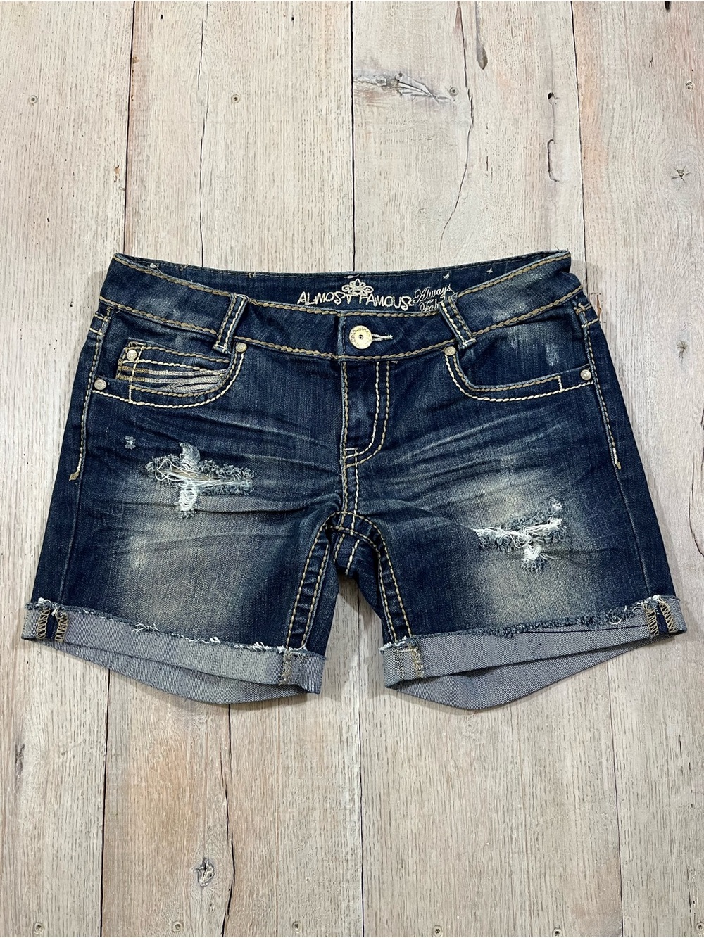 Almost Famous Always Fabulous Dark Wash Distressed Cuffed Denim Shorts Size 7
